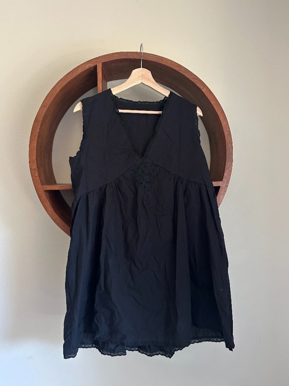 Black Eyelet Babydoll Mini Dress Tunic Sleeveless V-Neck Cottagecore Coquette M
